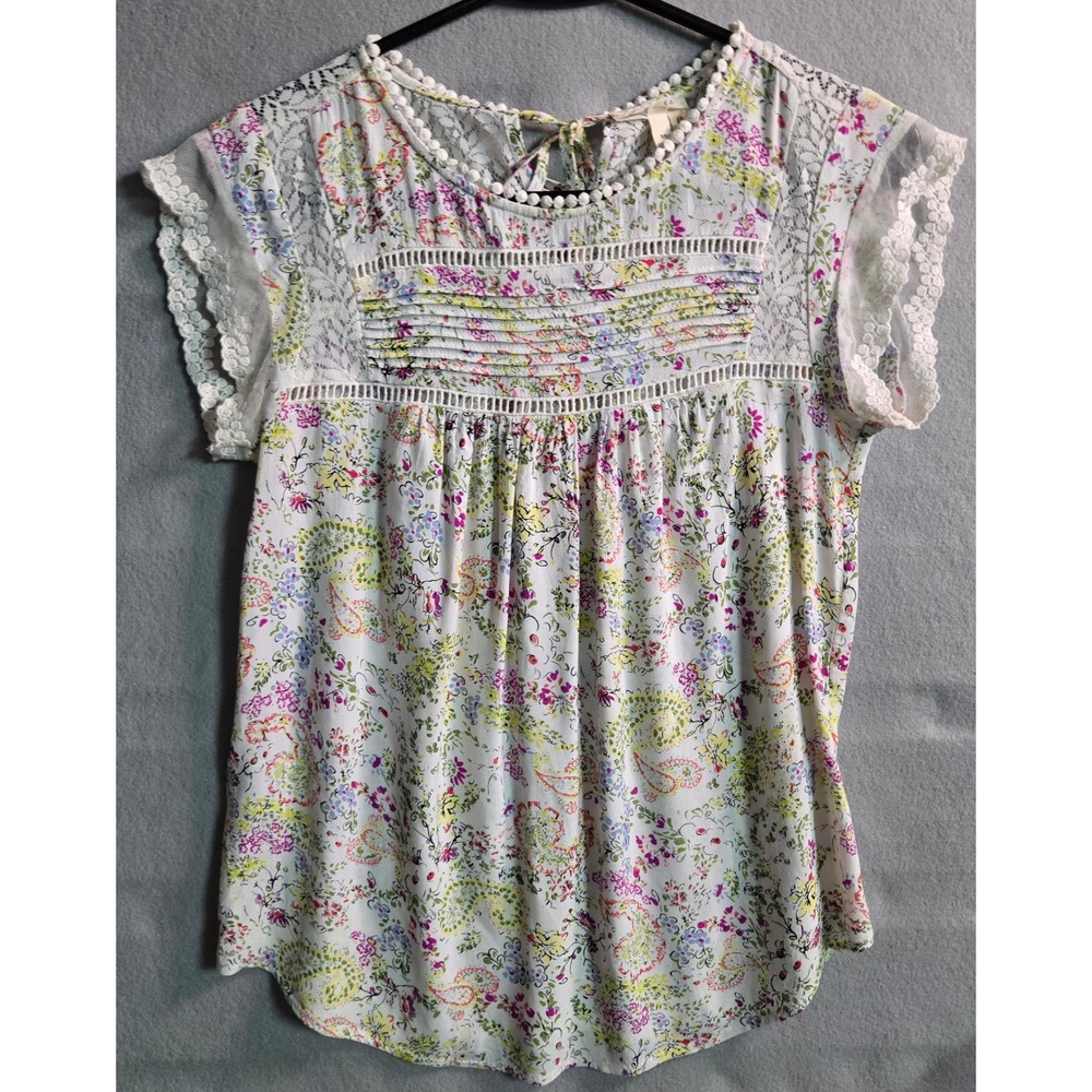 Meadow Rue Anthropologie Floral Paisley Lace Trim Cap Sleeve Boho Cottagecore XS